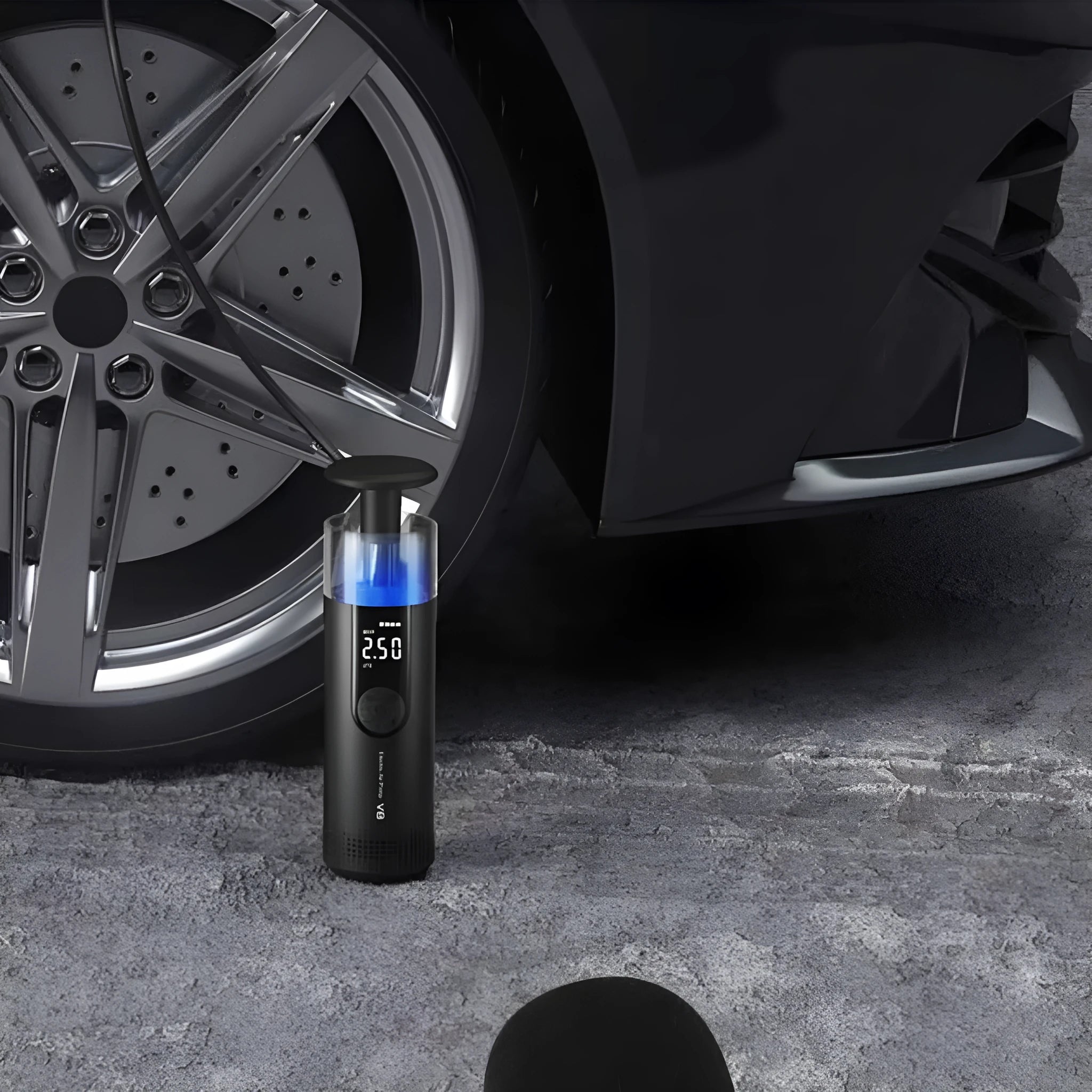 Electric high-pressure tire car air pump with digital display and 12V battery connection for inflating tires