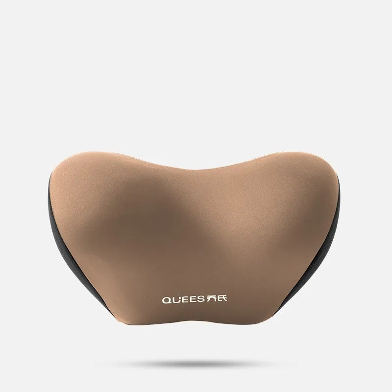 Black and grey memory foam car lumbar support pillow and matching headrest cushion on a car seat.