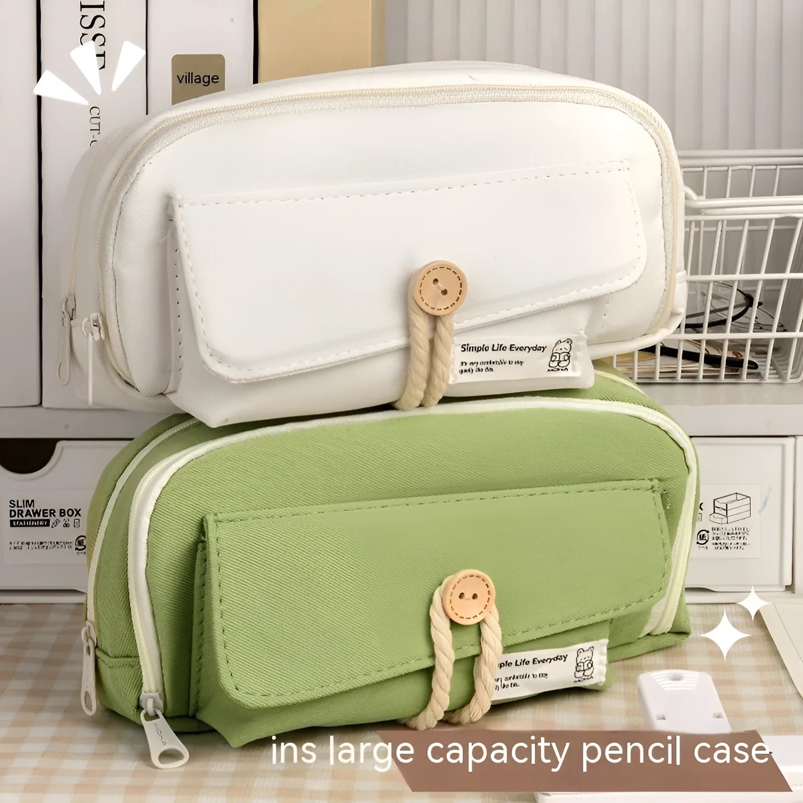 Green Korean-style canvas pencil case open, showing large capacity for pens and stationery.