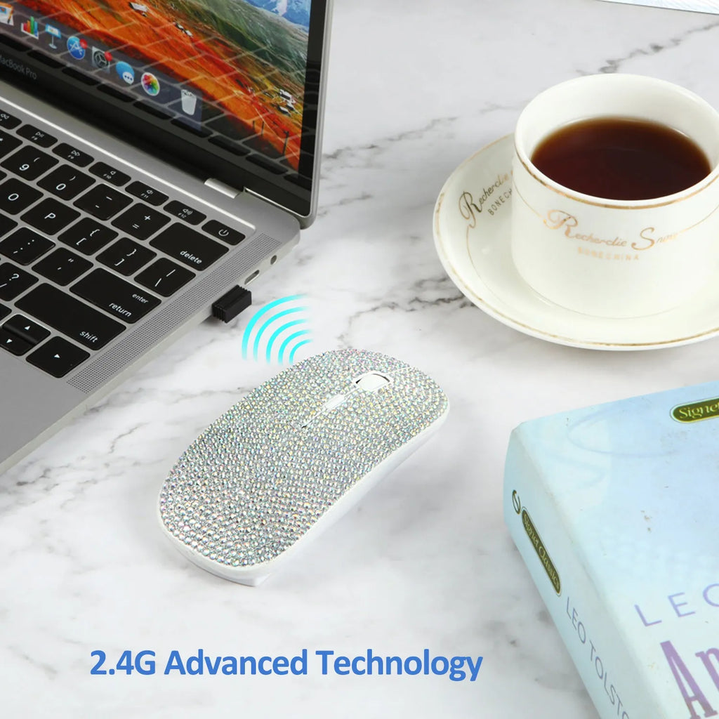 White wireless optical mouse with 2.4G USB receiver, 4 buttons, and rechargeable battery