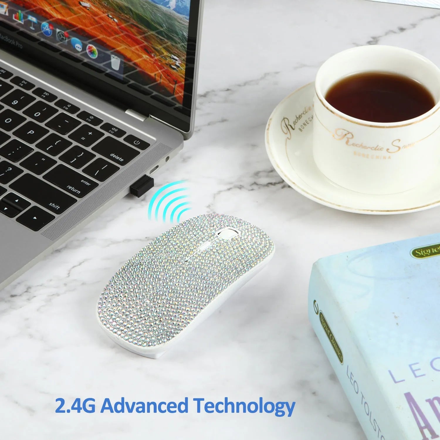 White wireless optical mouse with 2.4G USB receiver, 4 buttons, and rechargeable battery