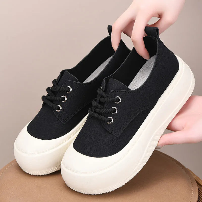 Women's camel suede platform loafers with round toe, flat 4CM heel, and front lace-up.