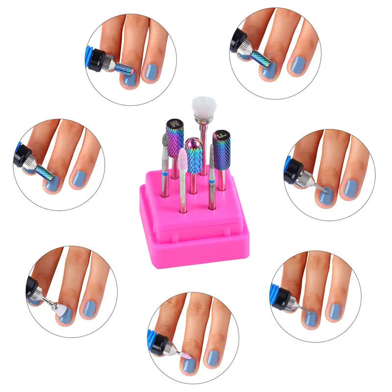 Set of seven tungsten steel nail drill bits and a brush in a clear plastic case for nail polishing