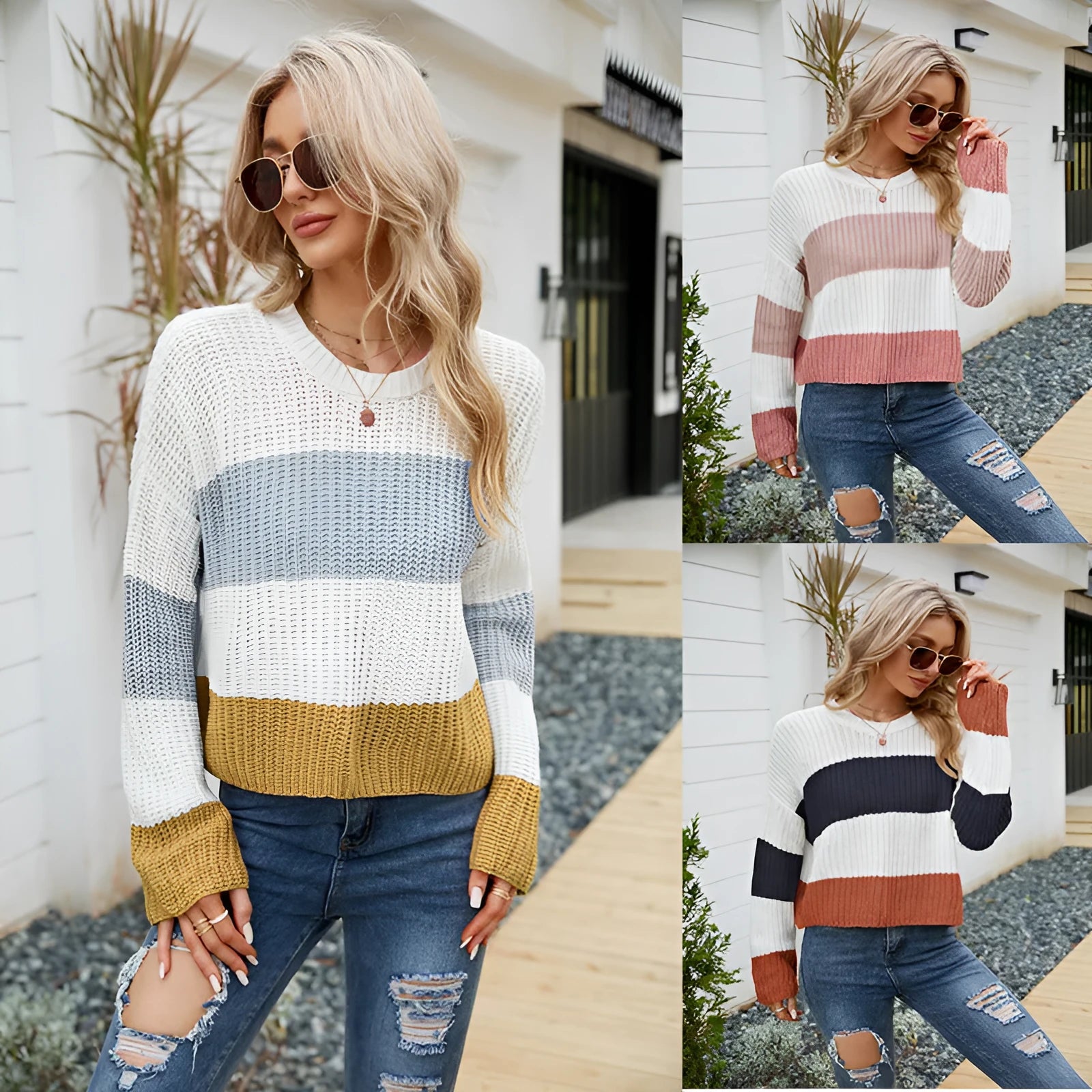 Woman wearing a short loose striped acrylic pullover sweater in a pink stripe variant.