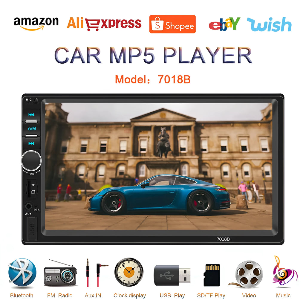 Black 7-inch dual spindle vehicle MP5 player with Bluetooth and reversing function on car dashboard