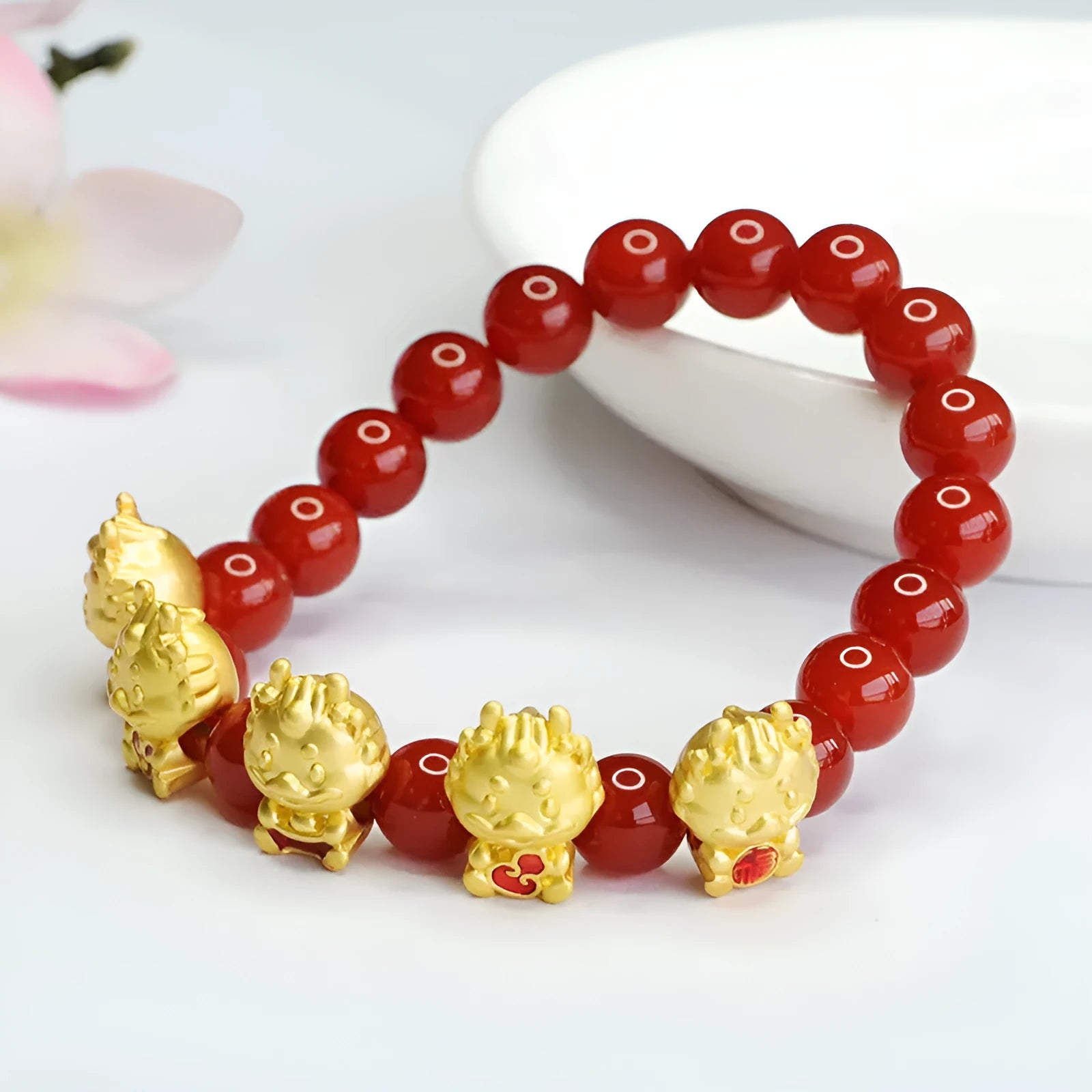 Chinese style red agate bracelet with five blessing dragon design and adjustable closure