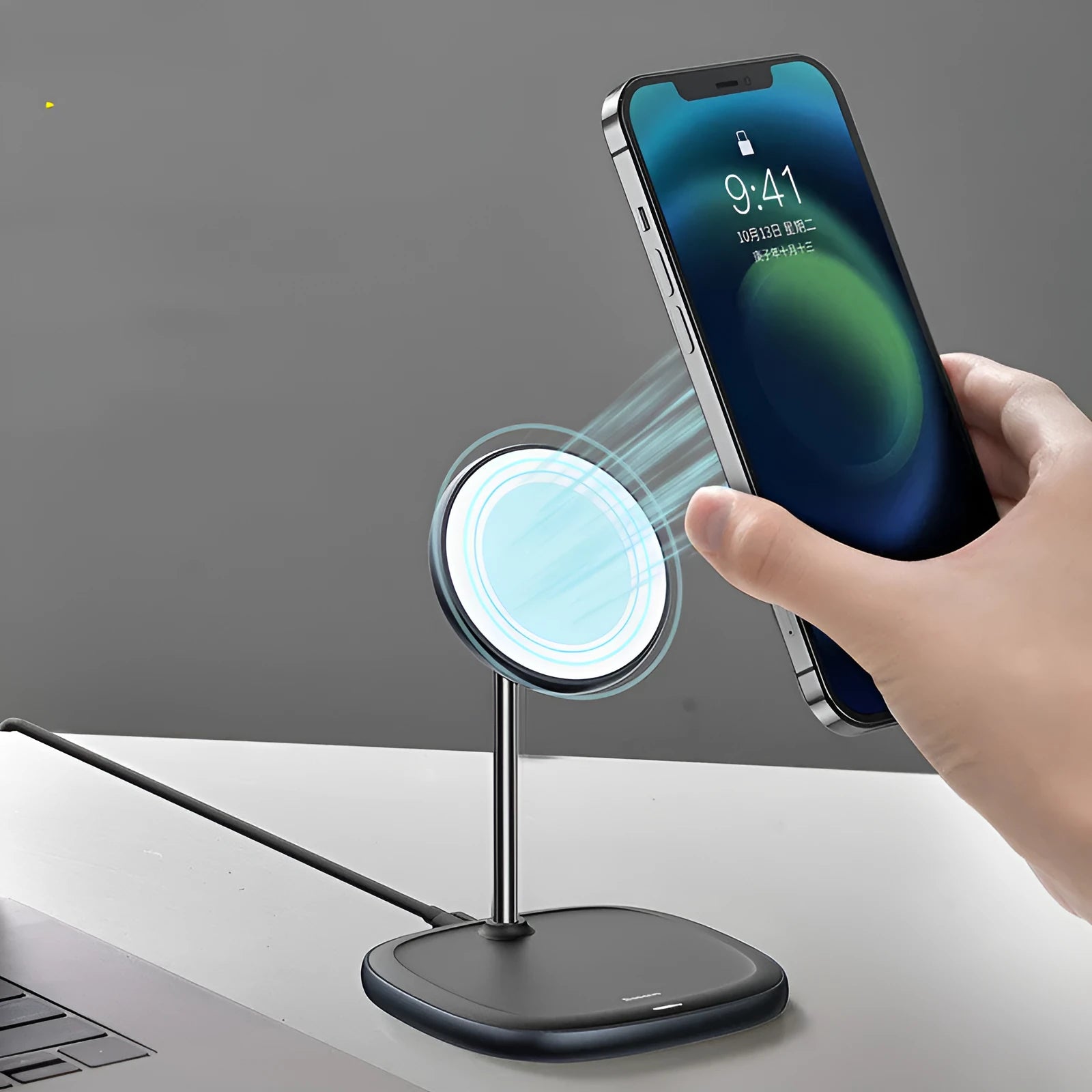 Magnetic wireless charging desktop stand for Apple iPhone 12 in black colour with Type-C cable