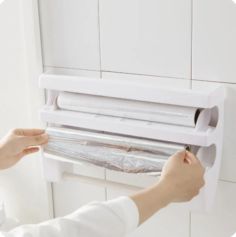 Multifunction wall-mount cling film storage rack with cutter and paper towel holder in a modern kitchen
