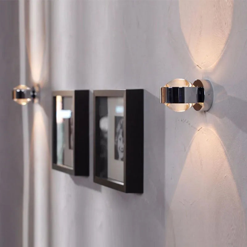 Modern small wall lamp with chrome, gold, black, and white finish options for bedside, hallway, staircase, or hotel use.
