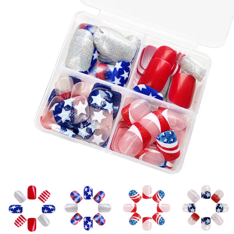 Independence day nail art set with three patriotic designs featuring five-pointed stars for short European square nails