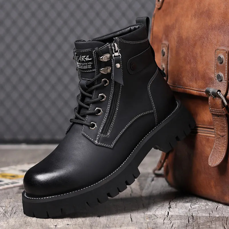 Men's brown leather high-top boots with a side zipper and round toe.