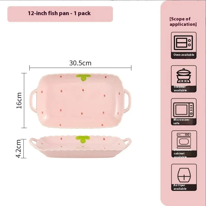 Cute strawberry-themed porcelain dinnerware set with flower bowl, straw hat plate, disc, and twist spoon.