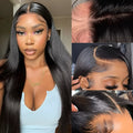 A straight black human hair wig with a lace front, shown at one of its available lengths from 16 to 32 inches.