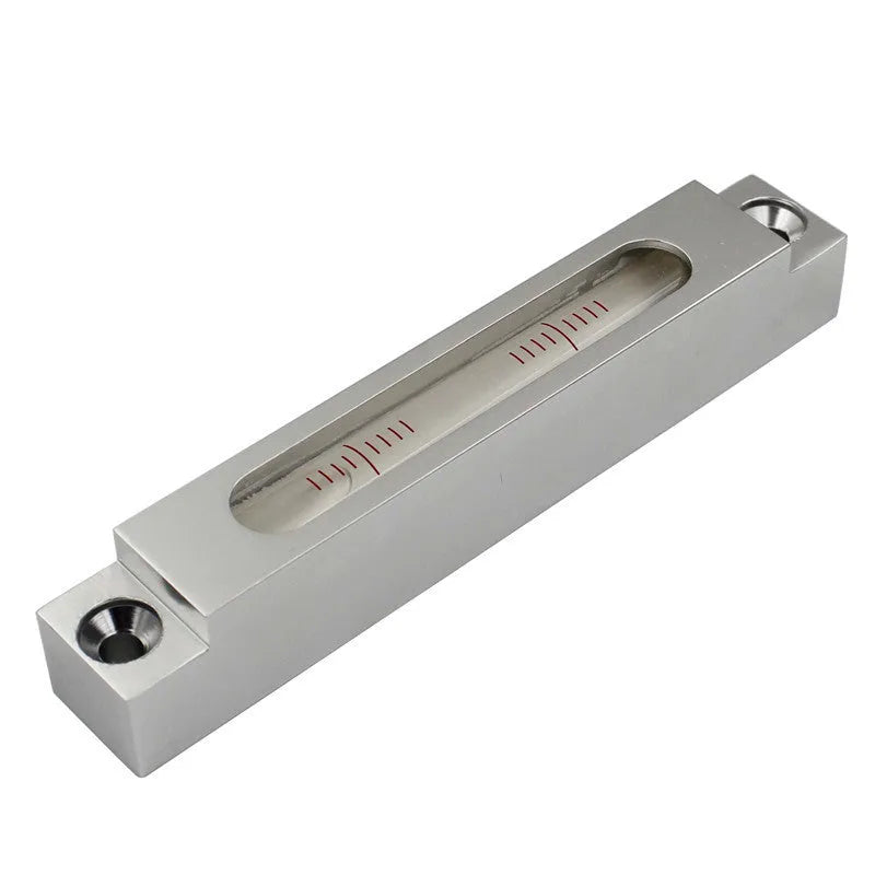 Metal and glass mini strip level showing bubble vials with 132mm length for machine tool measurement