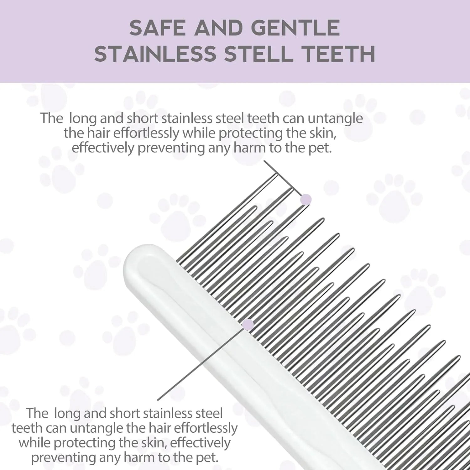 Purple pet grooming comb with stainless steel teeth and ergonomic handle for dog and cat grooming