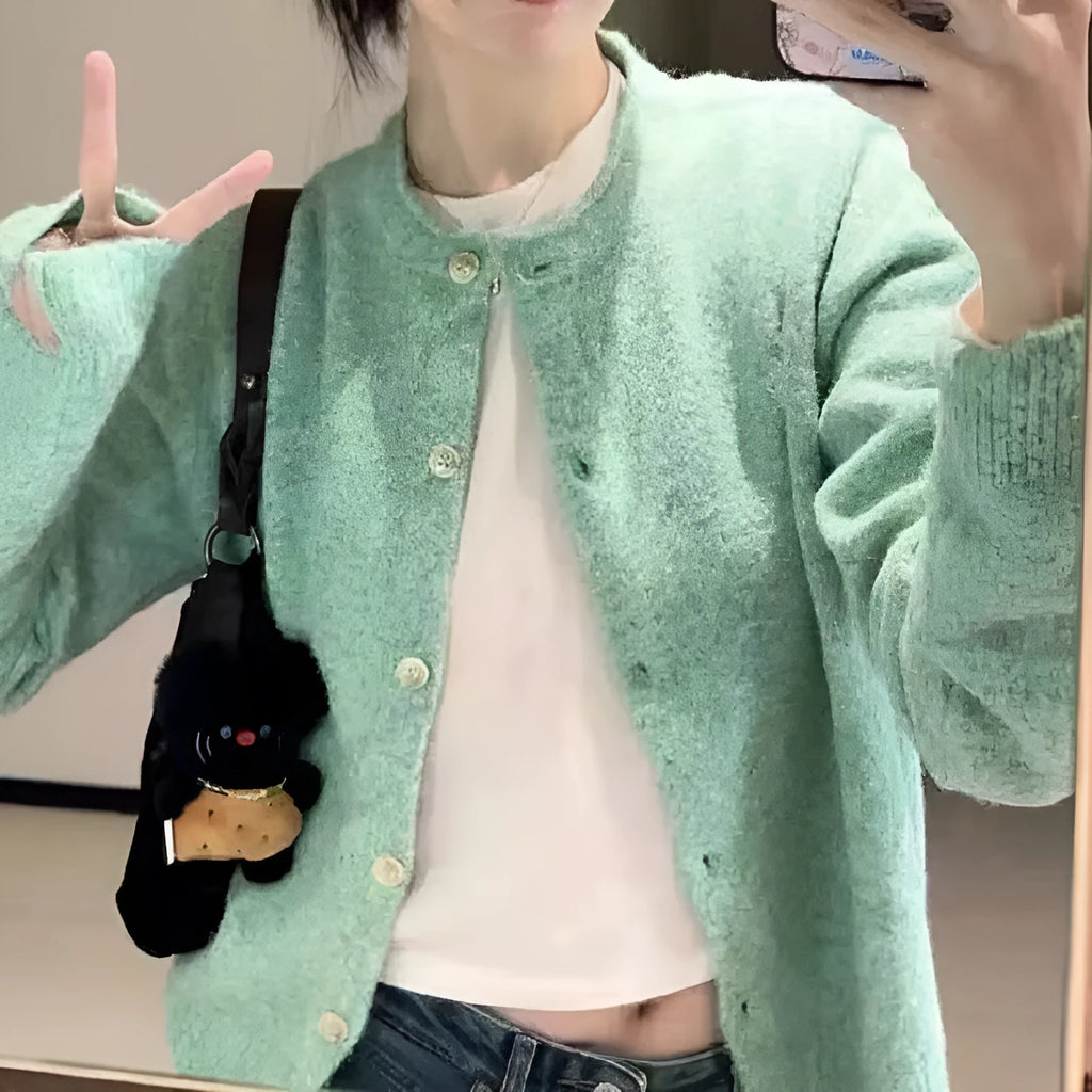Loose fit long sleeve knitted cardigan for women in picture colour, polyester fabric with splicing design