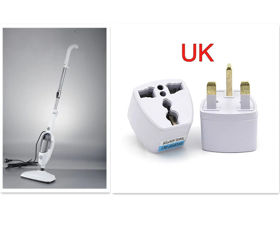 White steam mop with rectangular chassis, 1300W power, 10-in-1 cleaning accessories set, and carpet glider for hard floor cleaning