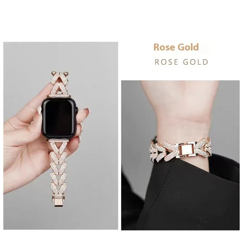Silver metal Apple Watch strap with V-shaped diamond-embedded detailing