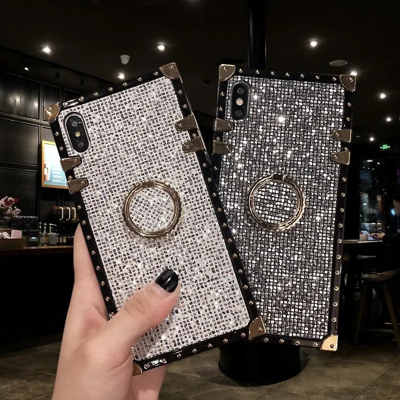 Square TPU mobile phone case with flash diamond bracket for iPhone