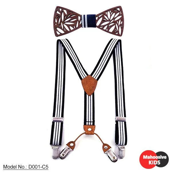 Children's wooden bow tie with matching striped suspenders and belt for boys, nine colour options available.
