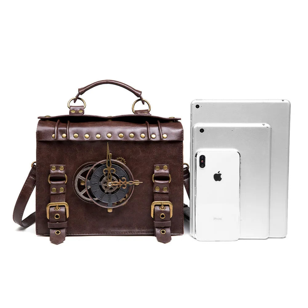 Bronze steampunk shoulder bag with industrial retro styling and horizontal square shape