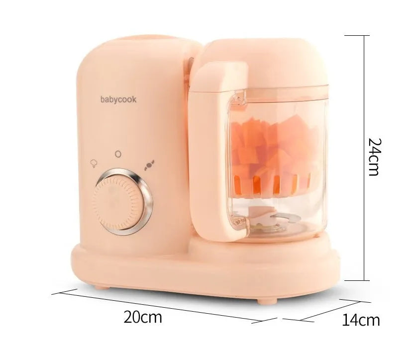 Green baby food processor with steamer and blender functions, double mixing blades