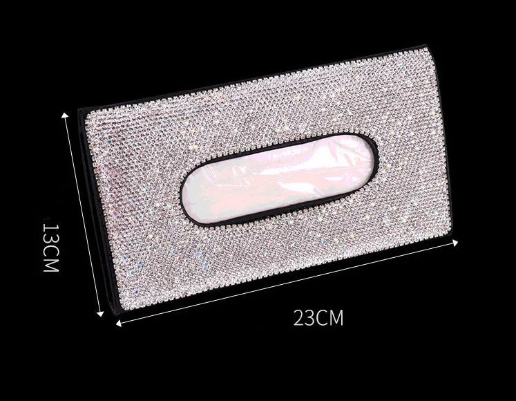 Crystal PU leather hanging sun visor car tissue box with rhinestones, metal clip, and Velcro closure in beige colour