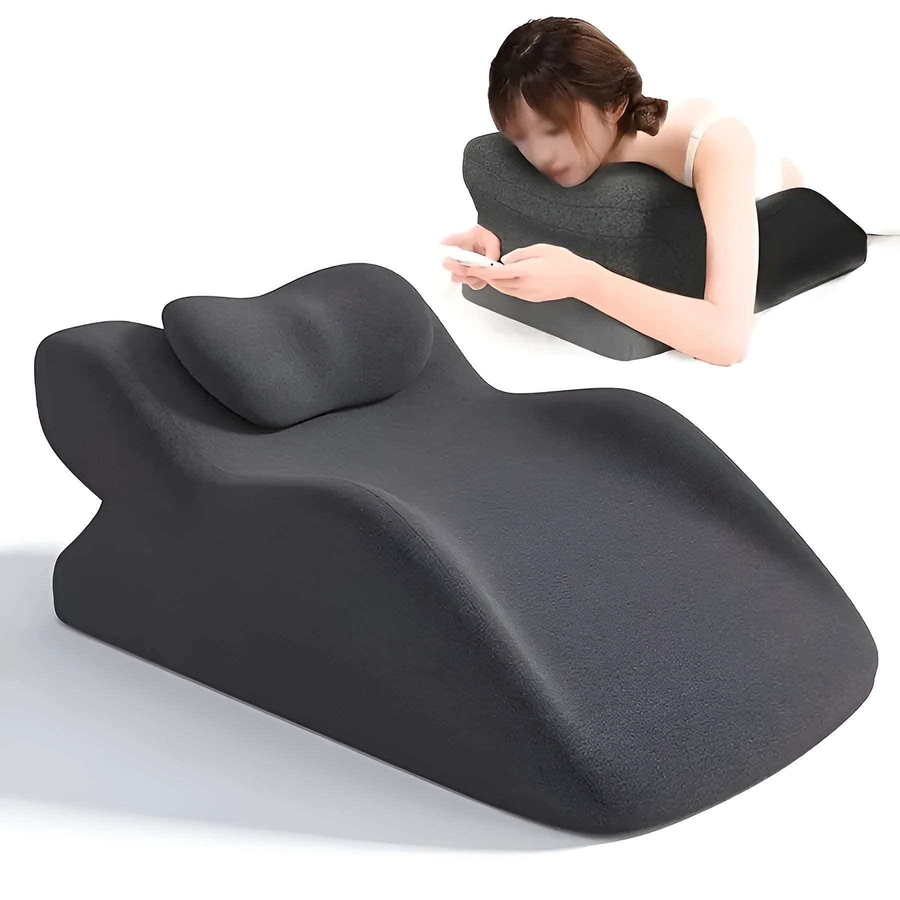 A stomach sleeping pillow shown in one of four colour options: blue, dark grey, green, or light grey.