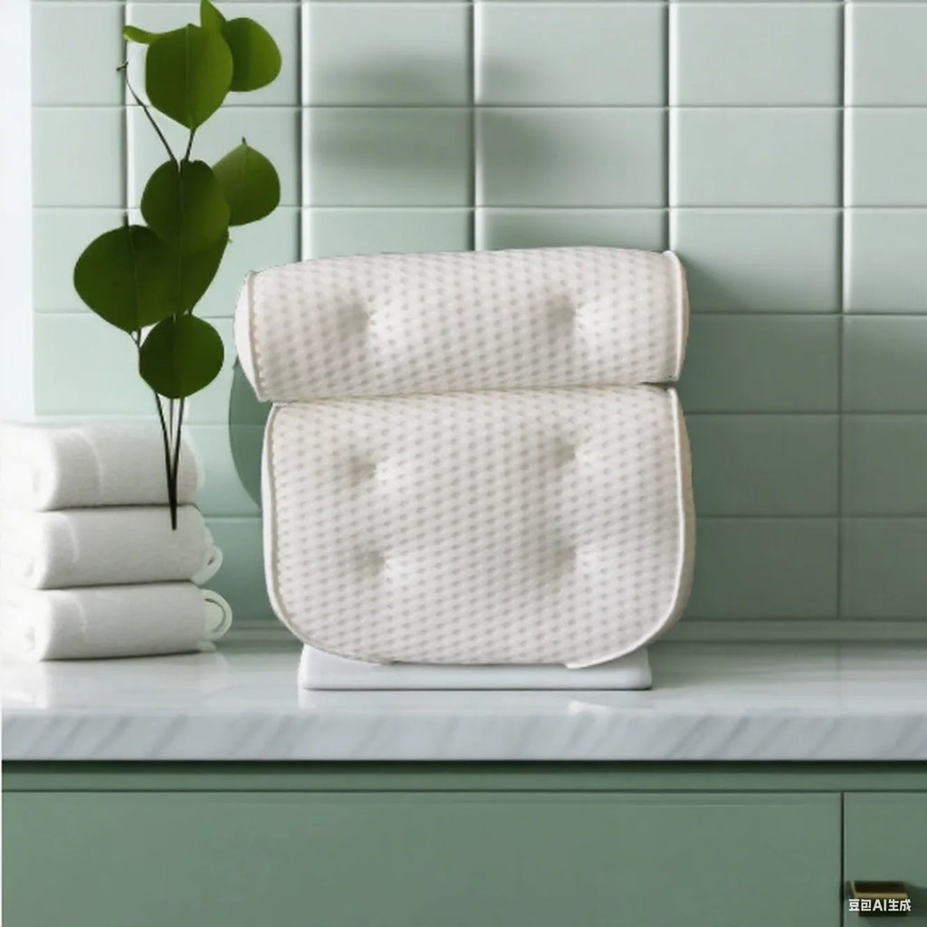 White bathtub pillow with 4D mesh fabric and multiple suction cups on a tub.