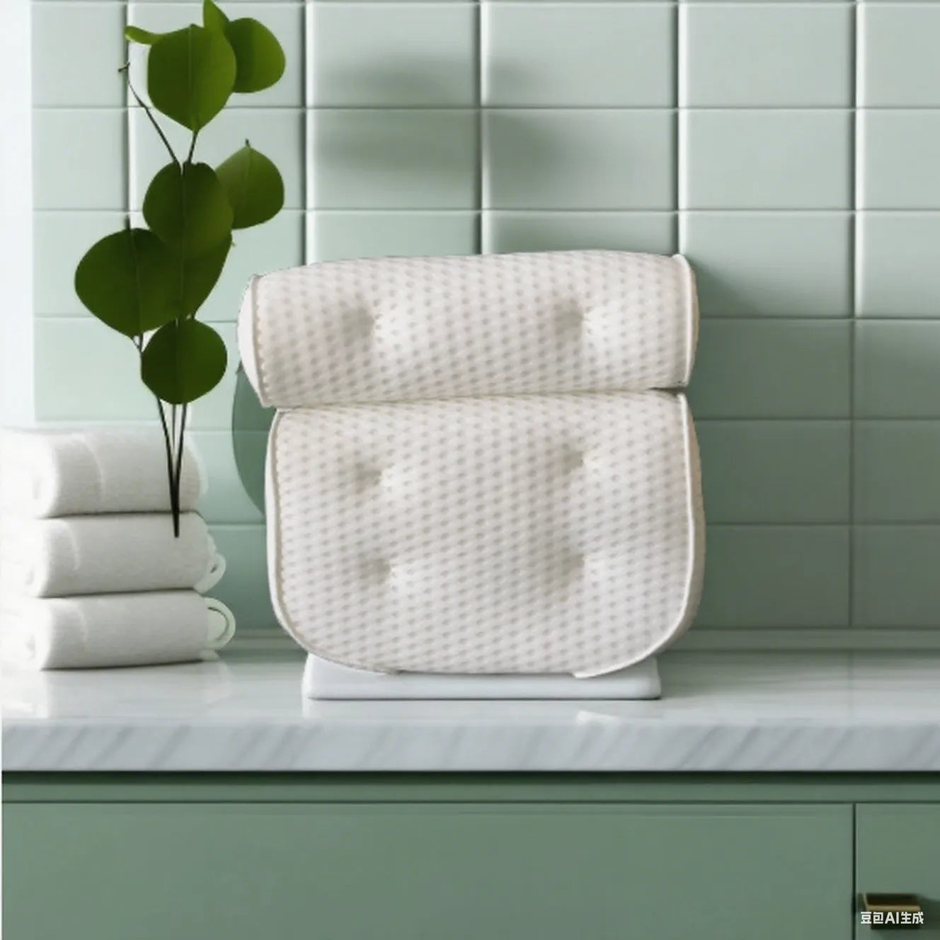 White bathtub pillow with 4D mesh fabric and multiple suction cups on a tub.