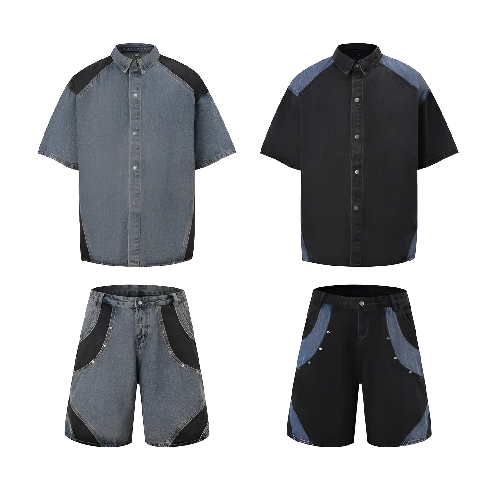 Men's washed denim jeans suit two-piece set with short sleeve jacket and matching trousers