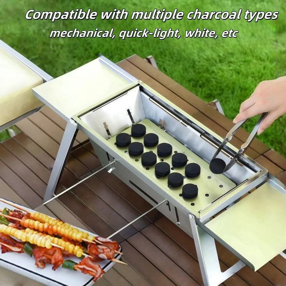 Small foldable portable charcoal grill with 34cm circular cooking surface collapsed for compact storage
