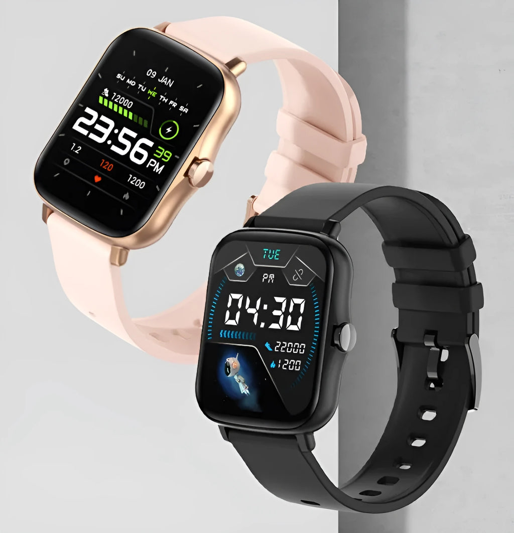 Blue smart sports watch with 1.7-inch touch screen on adjustable strap showing fitness tracking display