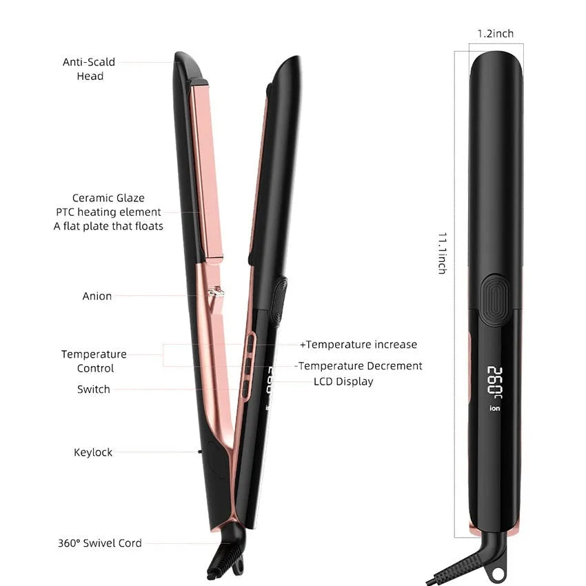Hair straightener with digital temperature display showing 207°C setting and negative ion technology