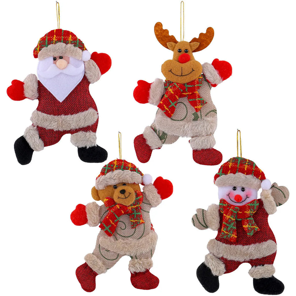 Set of 4 festive Christmas tree ornaments Santa snowman reindeer bear figures with red white scarves gold balls red bows