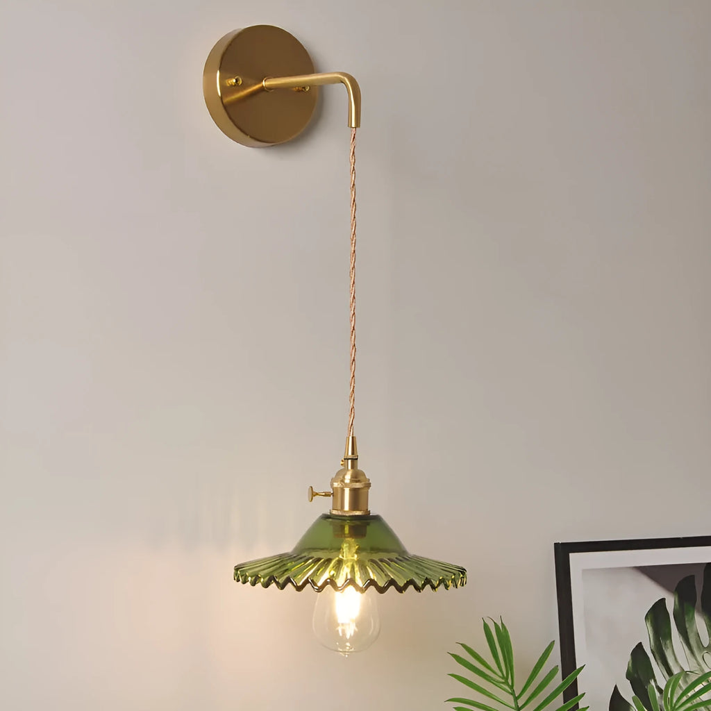 Retro brass wall lamp with a glass lotus shade in a choice of six colours on a copper base.
