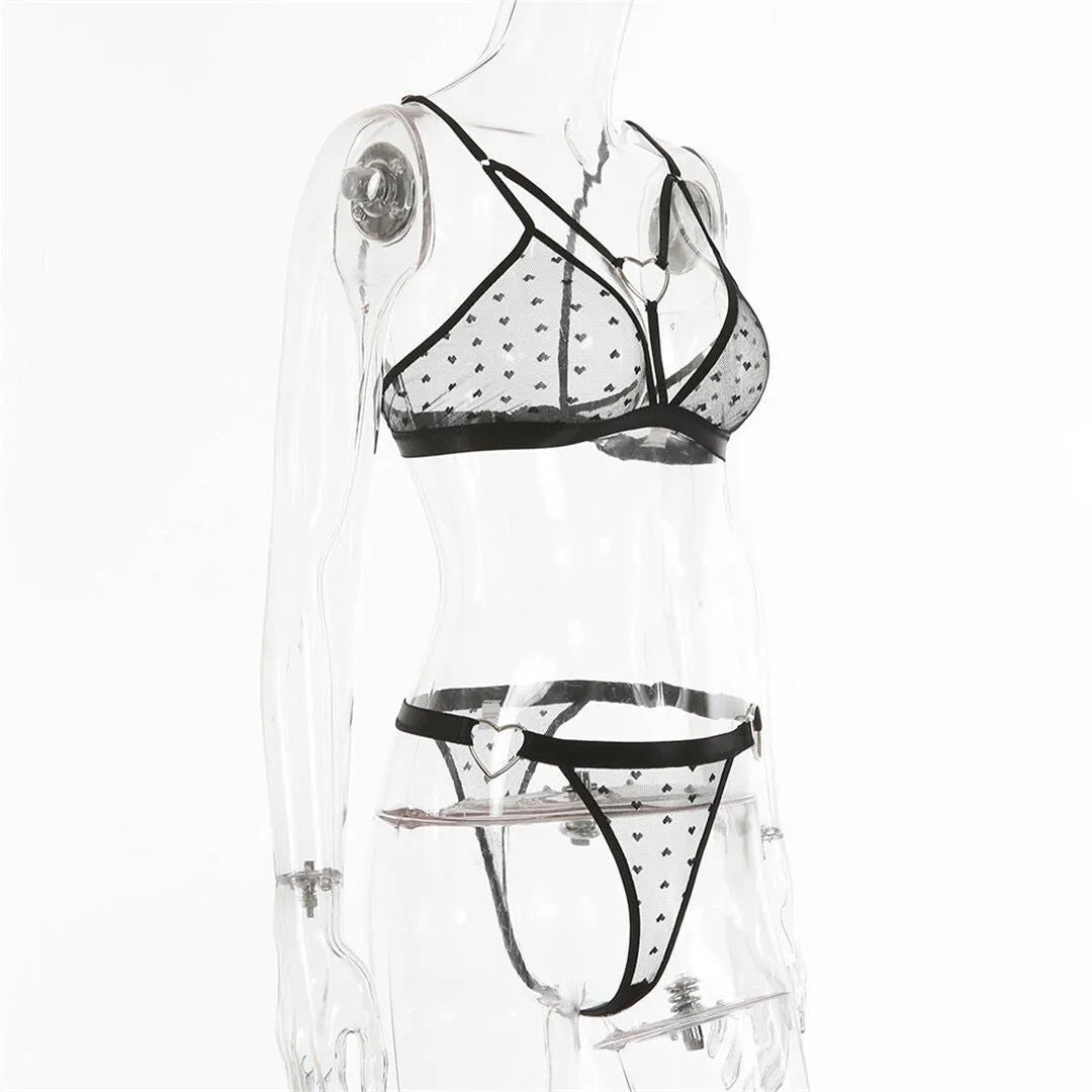 Ladies black spandex mesh two-piece sportswear set with matching top and pants