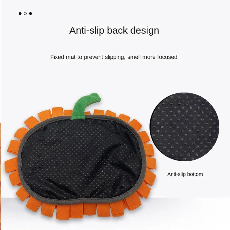 Orange pumpkin-shaped dog sniffing mat with furry fabric texture for slow feeding