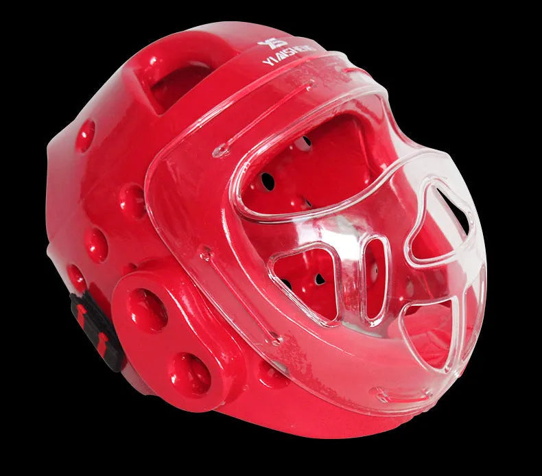 Karate helmet protective equipment for boxing training in white, blue, and red colours with multiple size options