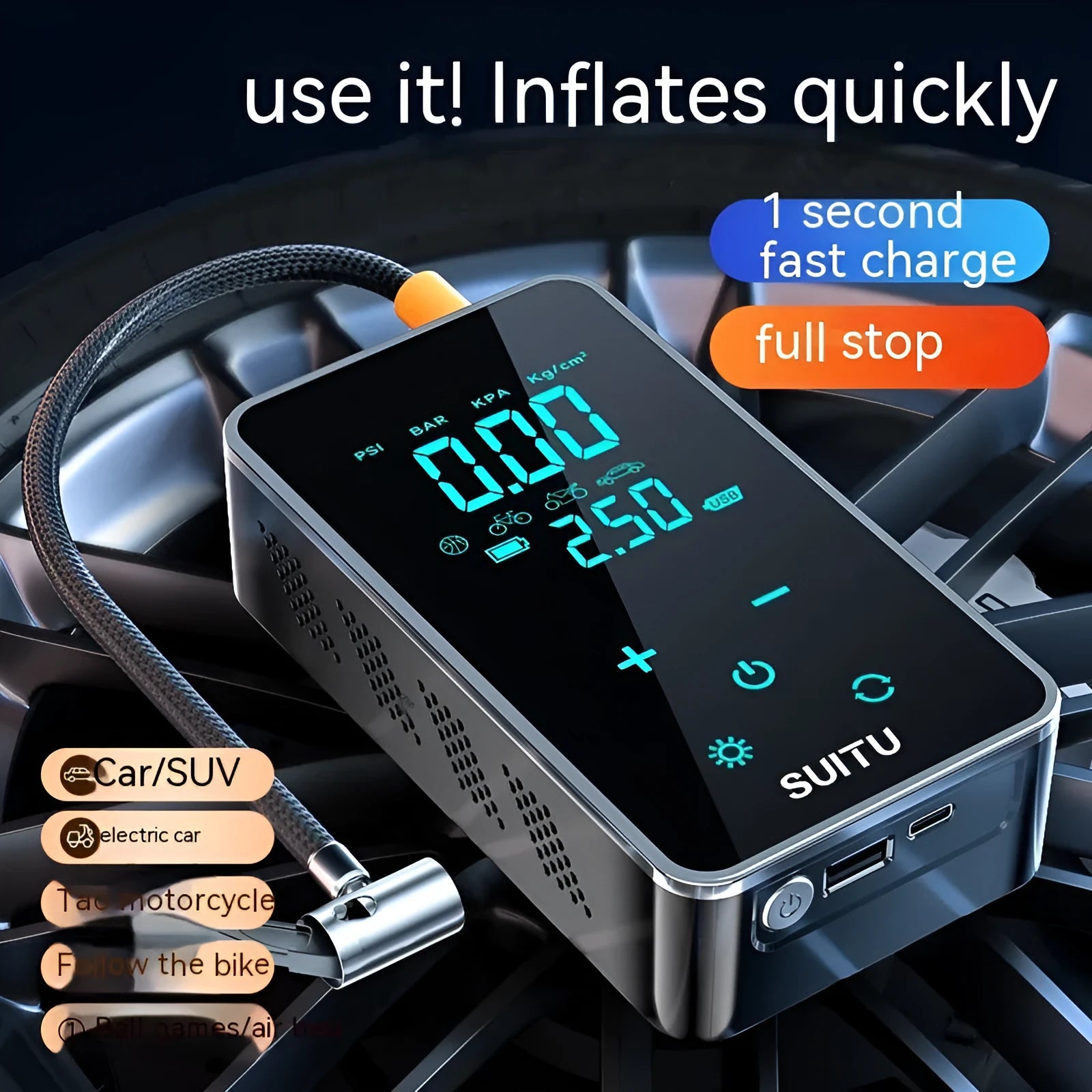 Wireless car tyre pressure inflator with LCD screen showing pressure reading