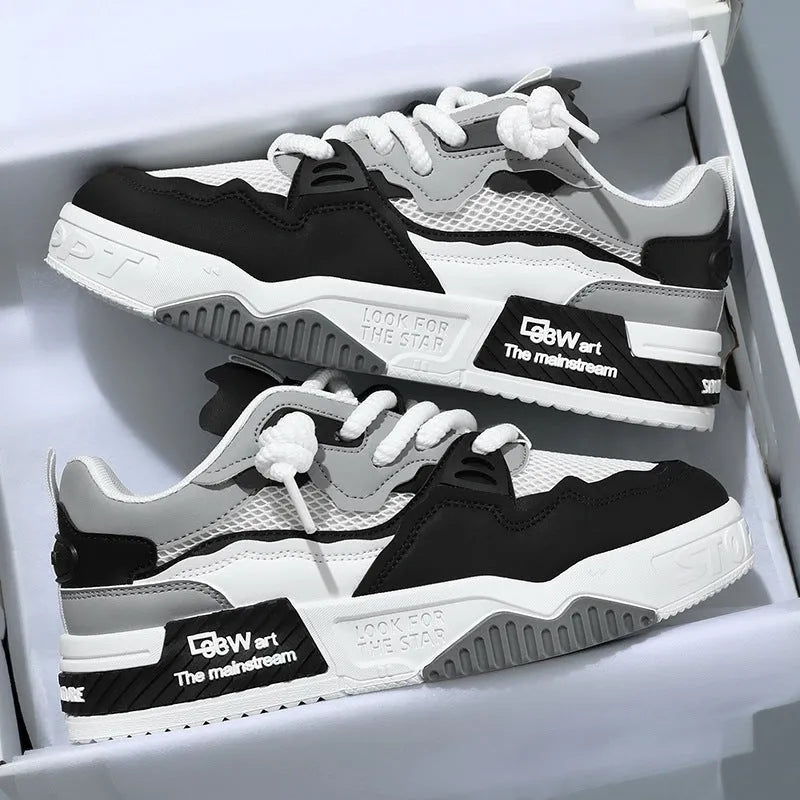 Men's low-top board shoes in white and yellow, white and black, and beige colour-matching designs with rubber soles