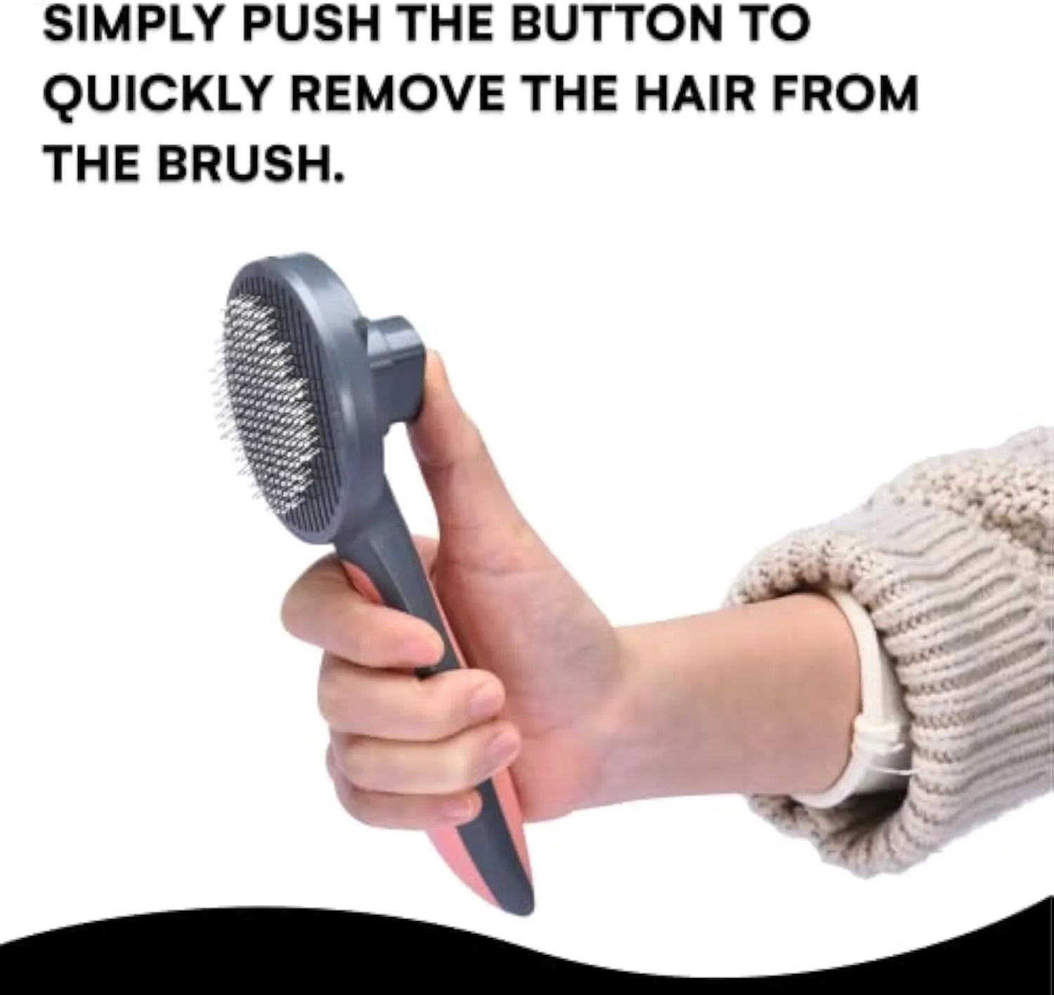 Self-cleaning slicker brush for pets with a grey handle and fine metal bristles.