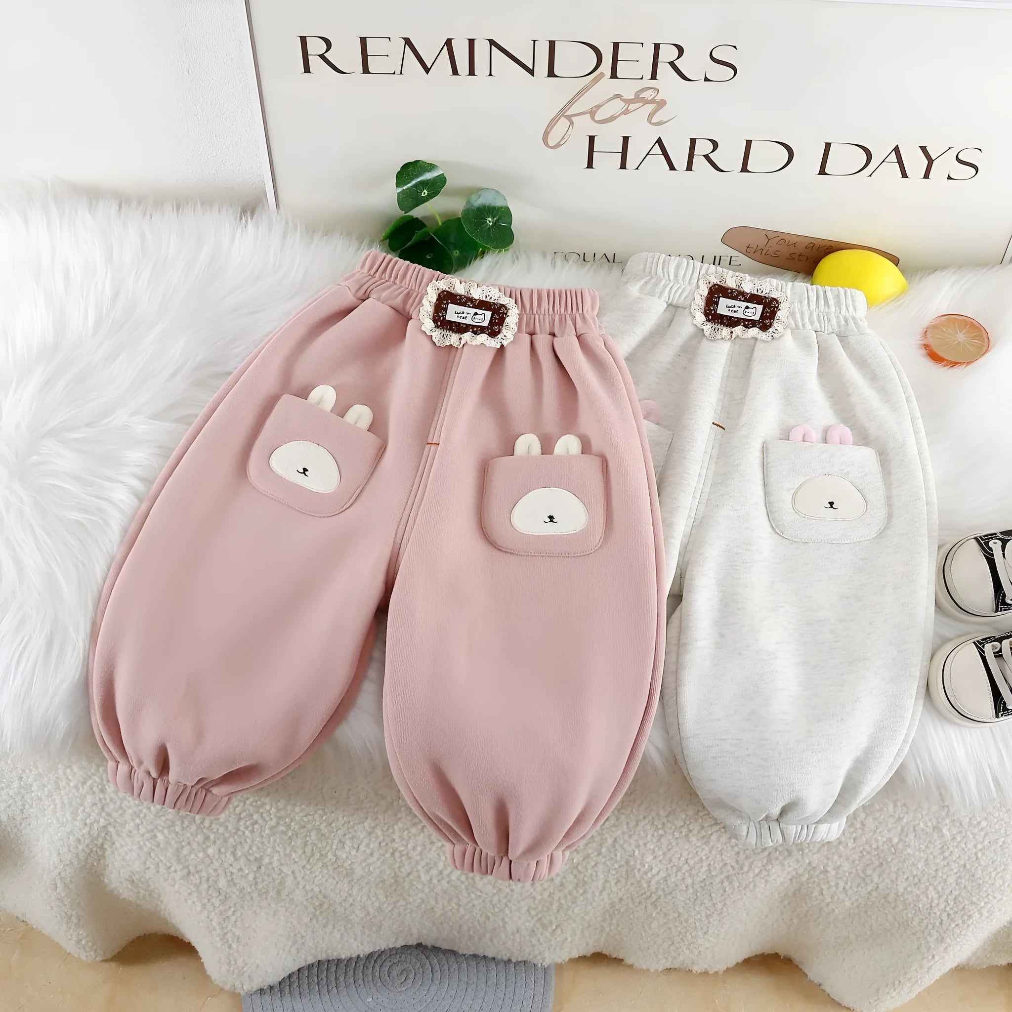 Girls trousers autumn winter cotton composite Korean style cute sportswear for toddlers 80-120cm Gray and Pink