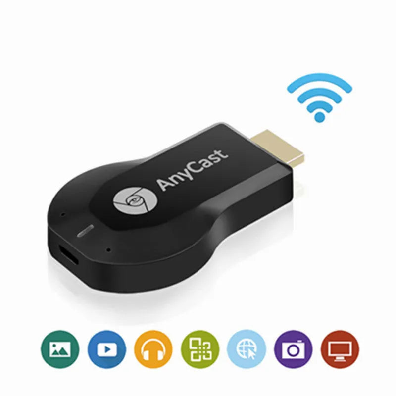Wireless HDMI display dongle receiver in black for screen mirroring to TV monitor projector