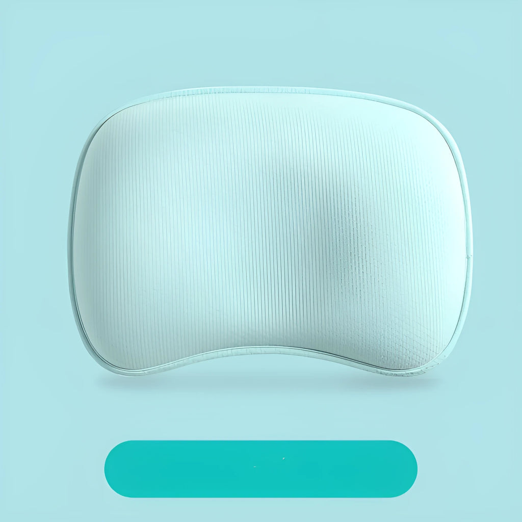 Sunveno baby head shaping pillow in blue with groove shape, corn fibre filling, 31x23cm, on white background