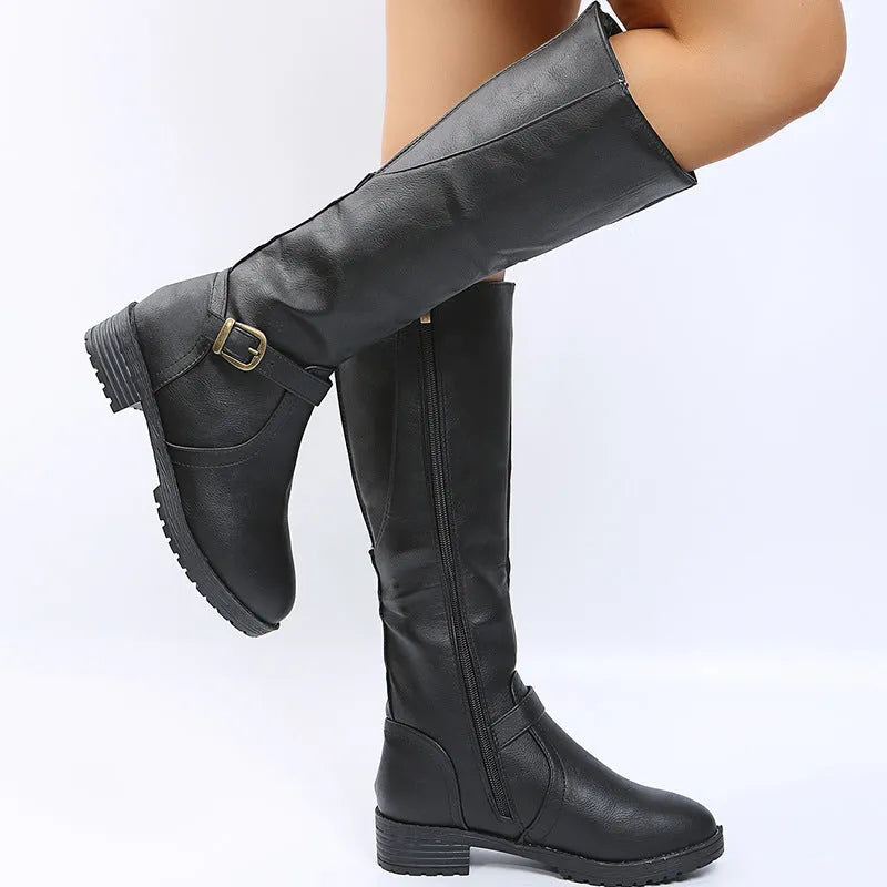 Women's solid-colour knight-style high boots with a square heel, round toe, and belt buckle detail.