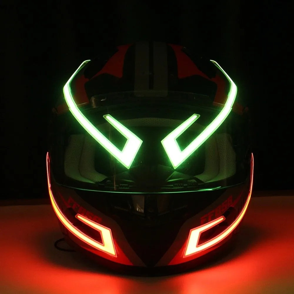 Motorcycle helmet EL light strip 380mm in blue, showing three modes: always on, flash, flash flash