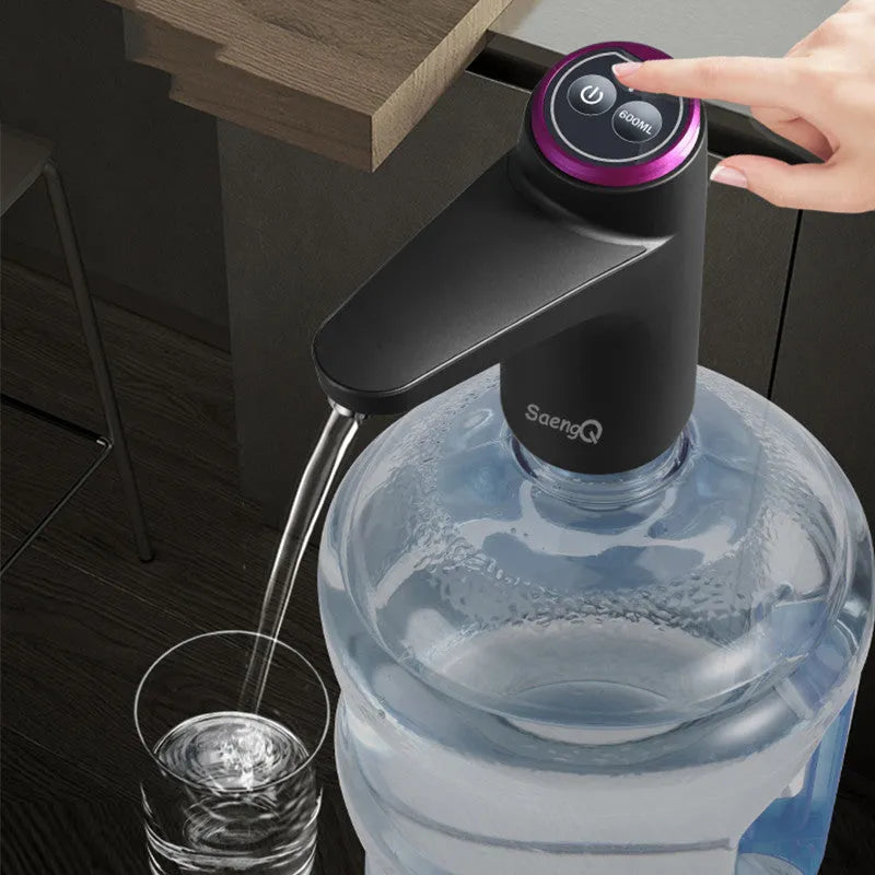 Dark grey touch automatic desktop water dispenser with USB charging and 50cm water pipe on kitchen countertop
