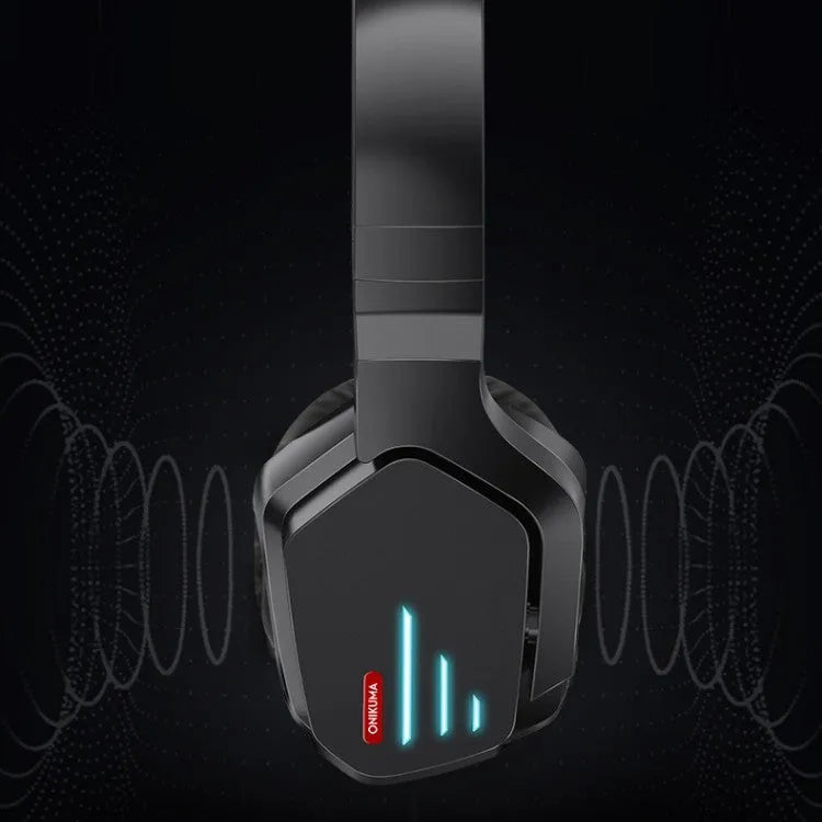 Luminous black wireless headphones with head-mounted design showing ear cushions and adjustable headband