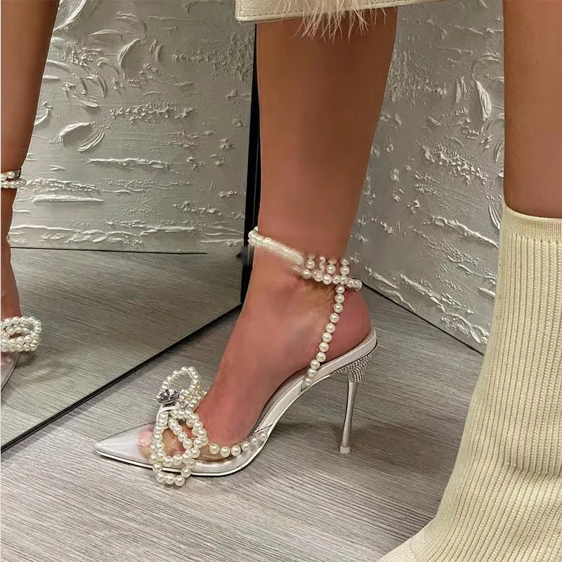 Silver women's transparent crystal pearl bow head sandals with pointed toe and low heel, size 35-42